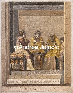 Archaeological National museum Pompeii - Villa of Cicero - Mosaic - Sorcerer with two women at consult | Andrea Jemolo