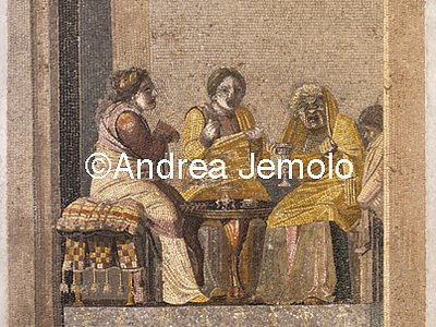 Archaeological National museum Pompeii - Villa of Cicero - Mosaic - Sorcerer with two women at consult | Andrea Jemolo