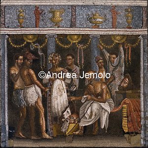 Archaeological National museum Pompeii - House of the Tragic Poet - Mosaic - Scene of preparation for a satyr play | Andrea Jemolo