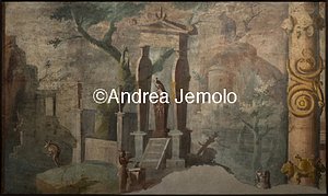 Archaeological National museum Pompeii - Temple of Isis - Landscape with fisher and a priest offering in front of the sarcophagus of Harpocrates | Andrea Jemolo
