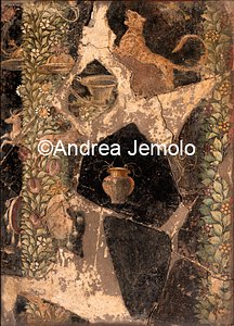 Archaeological National museum Villa of Cicero - Panel with panther, garlands, fawns, tambourines and two vases, fresco | Andrea Jemolo