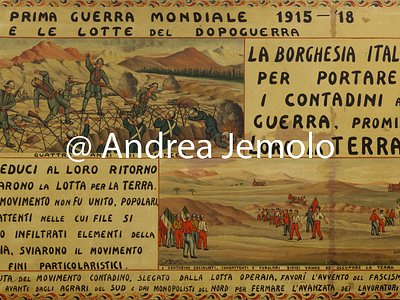 Headquartier of Confederazione Generale Italiana del Lavoro - CGIL The First World War. The Italian bourgeoisie to bring the peasants to war promised them the land - Panel for Sicilian cart painted with linseed oil | Andrea Jemolo