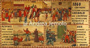 Sede della Confederazione Generale Italiana del Lavoro - CGiL Garibaldi, Altofonte e la rivolta dei contadini di Bronte - Pannello per carretto siciliano dipinto ad olio di lino  | Andrea Jemolo