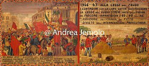 Sede della Confederazione Generale Italiana del Lavoro - CGiL I contadini in lotta per l'assegnazione delle terre incolte 1946-1947 - Pannello per carretto siciliano dipinto ad olio di lino  | Andrea Jemolo