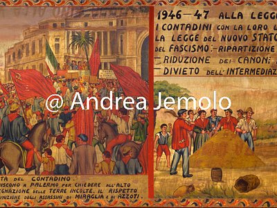 Headquartier of Confederazione Generale Italiana del Lavoro - CGIL Peasants in struggle for allocation of uncultivated land 1946-1947 - Panel for Sicilian cart painted with linseed oil | Andrea Jemolo