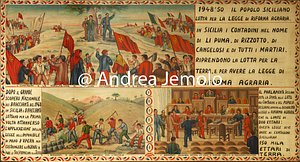 Sede della Confederazione Generale Italiana del Lavoro - CGiL Il popolo siciliano lotta per la legge di riforma agraria 1948-1950 - Pannello per carretto siciliano dipinto ad olio di lino  | Andrea Jemolo