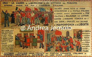 Sede della Confederazione Generale Italiana del Lavoro - CGiL La guerra di Liberazione e la vittoria sul fascismo aprono nuove vie per i contadini siciliani 1943 - Pannello per carretto siciliano dipinto ad olio di lino  | Andrea Jemolo