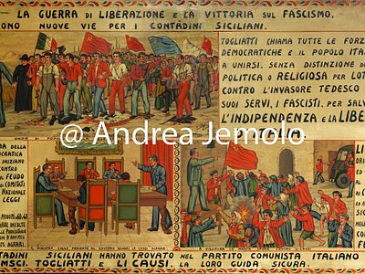Headquartier of Confederazione Generale Italiana del Lavoro - CGIL Liberation war and victory over fascism open new streets for Sicilian peasants 1943 - Panel for Sicilian cart painted with linseed oil | Andrea Jemolo