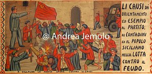 Sede della Confederazione Generale Italiana del Lavoro - CGiL A Villalba la maffia spara contro Gerolamo Li Causi - Pannello per carretto siciliano dipinto ad olio di lino  | Andrea Jemolo