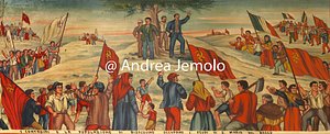 Sede della Confederazione Generale Italiana del Lavoro - CGiL I contadini e la popolazione di Bisacquino occupano i feudi di Santa Maria del Bosco - Pannello per carretto siciliano dipinto ad olio di lino  | Andrea Jemolo