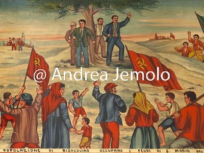Headquartier of Confederazione Generale Italiana del Lavoro - CGIL The peasants and the population of Bisacquino occupy the manors of S. Maria del Bosco - Panel for Sicilian cart painted with linseed oil | Andrea Jemolo