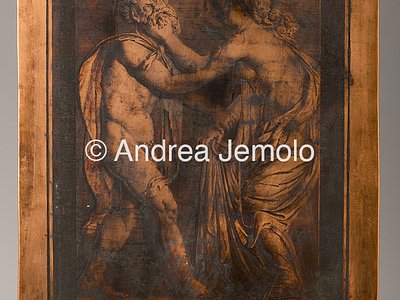 Archaeological National museum Matrix with with bas-relief depicting maenad and satyr - copper - "Antichità di Ercolano.Rami inediti" | Andrea Jemolo