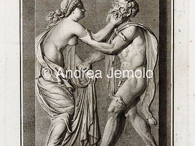 Archaeological National museum Bas-relief with maenad and satyr, "Antichità di Ercolano. Rami inediti", Engraving | Andrea Jemolo