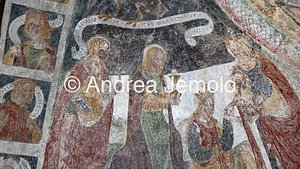 Chiesa riformata di Fex-Crasta Consacrazione delle Vergini: Santa Margherita di Antiochia, Santa Barbara, Santa Caterina d'Alessandria - affresco | Andrea Jemolo
