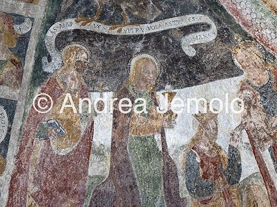 Reformed Church of Fex-Crasta Consecration of the Virgins: Saint Margaret of Antioch, Saint Barbara, Saint Catherine of Alexandria - fresco | Andrea Jemolo