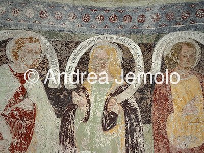 Reformed Church of Fex-Crasta Three Apostles probably Bartholomew, Matthias, James the Less - fresco | Andrea Jemolo