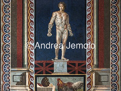 Museo Archeologico Nazionale Pugile e natura morta con gallo, pigna, testa d'aglio e dattero, mosaico | Andrea Jemolo