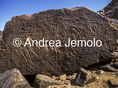  Rock engraving depicting a herd of moving elephants and under a group of men - Tassili n'Ajjer, Tadart Rouge | Andrea Jemolo
