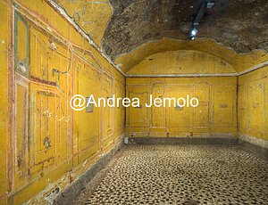 Domus di Largo Arrigo VII, 2 Rome called Bellezza House hall decorated with a cycle of frescoes on yellow background, 1th century AD | Andrea Jemolo