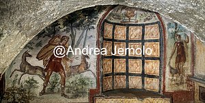 Ipogeo di via Livenza Ipogeo di via Livenza - Affresco con Diana mentre caccia una coppia di cervi | Andrea Jemolo