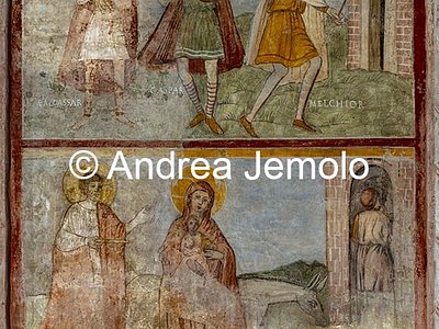 Chiesa di Sant'Urbano alla Caffarella Viaggio dei Re Magi a Betlemme guidati dalla stella e fuga in Egitto, pittura muraria | Andrea Jemolo