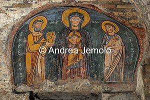 Church of Sant'Urbano alla Caffarella Church of Sant'Urbano alla Caffarella - Madonna and Child between Saint Urban and Saint John the Evangelist, 10th century, Restored in 2026, Rome, Italy - wall paint | Andrea Jemolo