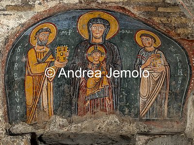 Church of Sant'Urbano alla Caffarella Church of Sant'Urbano alla Caffarella - Madonna and Child between Saint Urban and Saint John the Evangelist, 10th century, Restored in 2026, Rome, Italy - wall paint | Andrea Jemolo