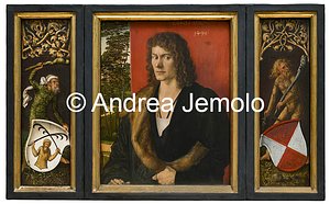 Alte Pinakothek Trittico, pannello centrale: Ritratto di Oswolt Krel, a sinistra: "Uomo selvaggio" con lo stemma di Oswolt Krel, a destra: "Uomo selvaggio" con lo stemma di Agathe von Esendorf  | Andrea Jemolo