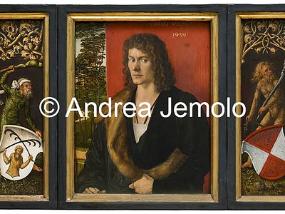 Alte Pinakothek Trittico, pannello centrale: Ritratto di Oswolt Krel, a sinistra: "Uomo selvaggio" con lo stemma di Oswolt Krel, a destra: "Uomo selvaggio" con lo stemma di Agathe von Esendorf  | Andrea Jemolo