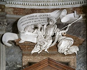 St. Andrea al Quirinale Two angels show the shield and the inscription of founder Camillo Pamphili | Andrea Jemolo