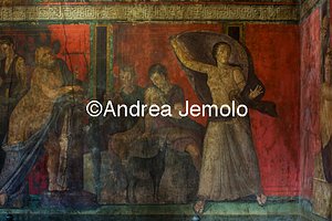 Villa of the Mysteries Hall of the Great Fresco - liricine Silenus, a satyr player a syringe, Panisca and frightened woman who flees | Andrea Jemolo