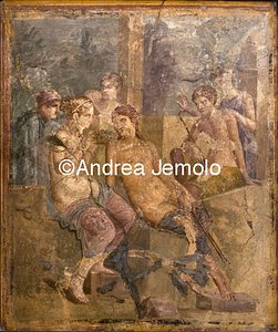 Archaeological National museum Pompeii - House of L. Cornelius Diadumenius - Aphrodite hands a nest of Amorini to a young hunter | Andrea Jemolo