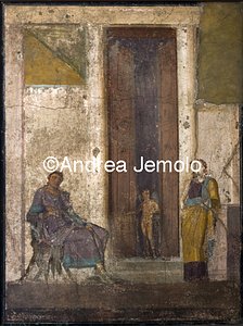 Archaeological National museum Pompeii - House of Jason - Paris seated, waits the reward promised by Aphrodite, a cupid shows him Elena | Andrea Jemolo