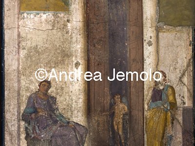 Museo Archeologico Nazionale Pompei - Casa di Giasone - Paride seduto, attende il premio promesso da Afrodite, un Amorino gli indica Elena | Andrea Jemolo